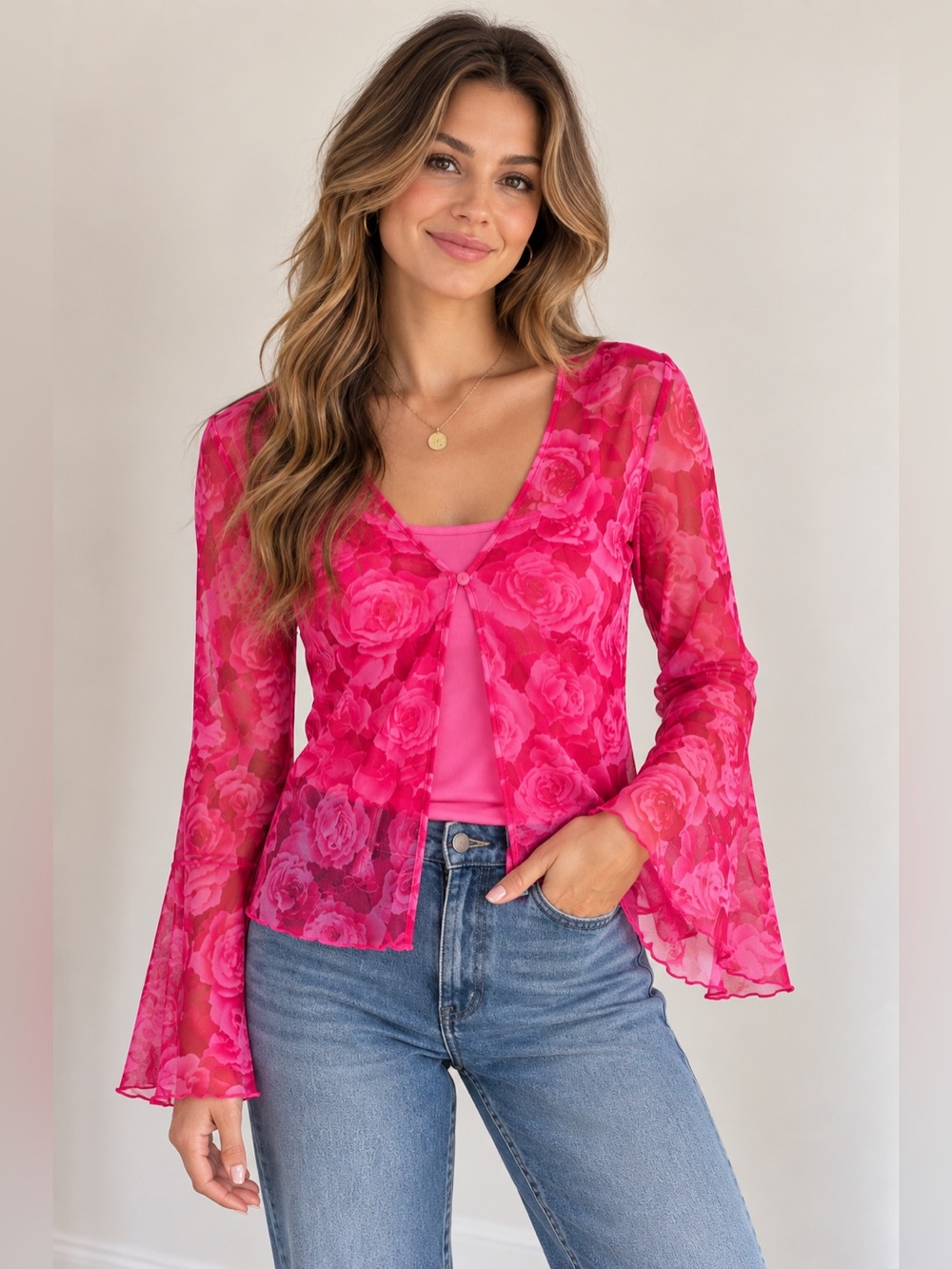 Valerie Stevens Sheer Mesh Rose Top M Cami Set Pink Y2K Romantic Date Night